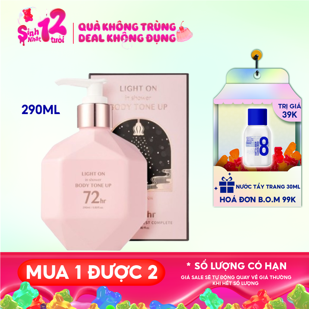 Sữa Dưỡng Thể B.O.M Nâng Tông 72h Trắng Da, Mềm Mịn Light On In Shower Body Tone Up 290ml