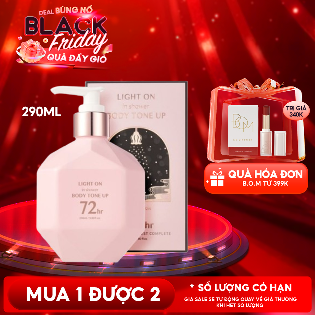 Sữa Dưỡng Thể B.O.M Nâng Tông 72h Trắng Da, Mềm Mịn Light On In Shower Body Tone Up 290ml
