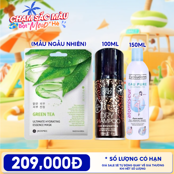  Combo Travel: Mặt Nạ Miếng Jkosmec Hydrating Mask + Dầu Gội Khô Girlz Only Dry Shampoo + Xịt Khoáng Evoluderm Cấp Nước Atomiseur Eau Pure Water 