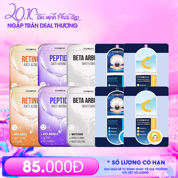  Combo Mask Foodaholic 10 Miếng Chăm Sóc Da: Retinol (2 Miếng) + Peptide (2 Miếng) + Beta Arbutin (2 Miếng) + Blackpearl (2 Miếng) + Vitamin C (2 Miếng) 