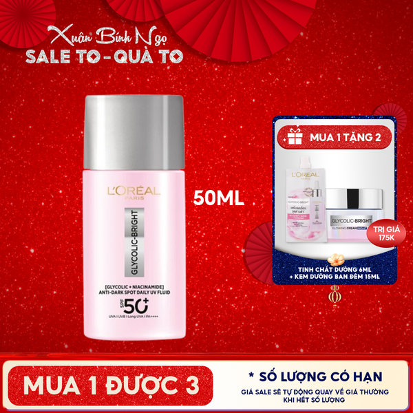  Sữa Chống Nắng Phổ Rộng L'oreal Mỏng Nhẹ, Hỗ Trợ Dưỡng Sáng, Giảm Mờ Thâm Nám Glycolic-Bright Anti-Dark Spot Daily Uv Fluid SPF 50+/PA++++ 50ml 