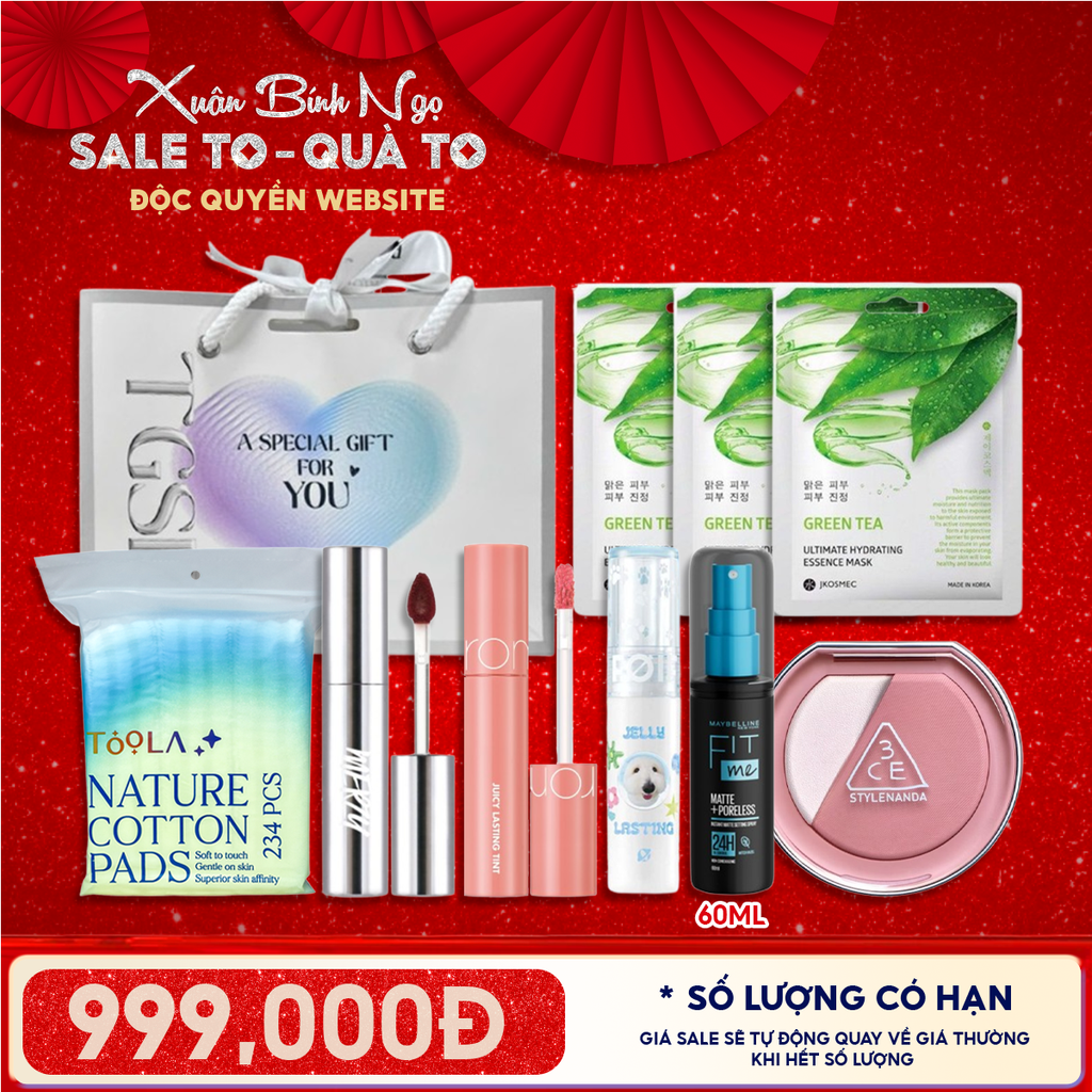 Túi Quà Tặng 999K: 3 Son Fullsize + 1 Má Hồng 3CE + 1 Xịt Khóa Nền Maybelline + 1 Bông Tẩy Trang 234M + 3 Mặt Nạ + Túi