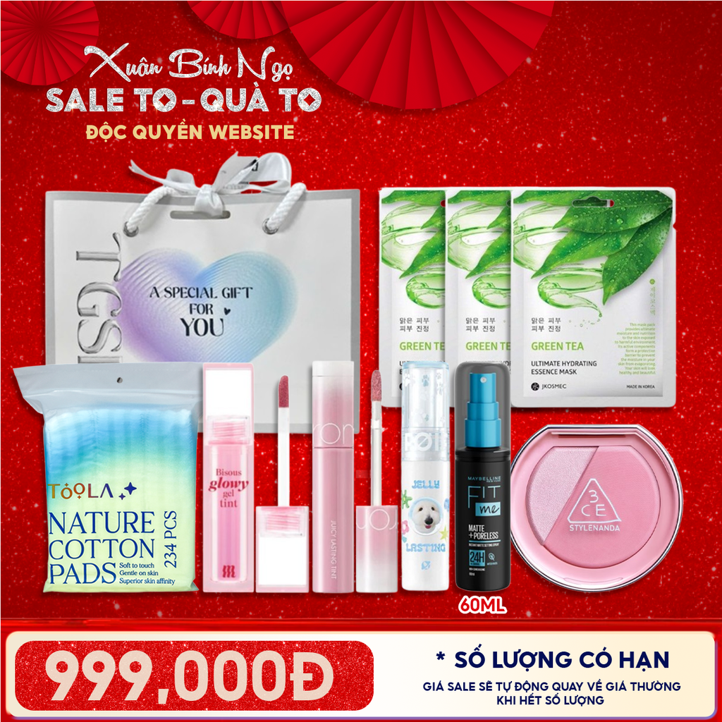 Túi Quà Tặng 999K: 3 Son Fullsize + 1 Má Hồng 3CE + 1 Xịt Khóa Nền Maybelline + 1 Bông Tẩy Trang 234M + 3 Mặt Nạ + Túi