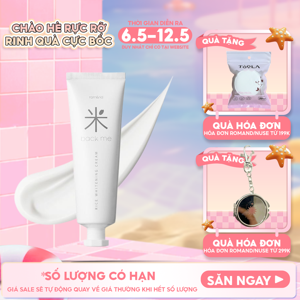 Kem Gạo Dưỡng Ẩm Romand Hỗ Trợ Giảm Tàn Nhang, Làm Sáng Da, Nâng Tông Back Me Rice Whitening Cream 50ml