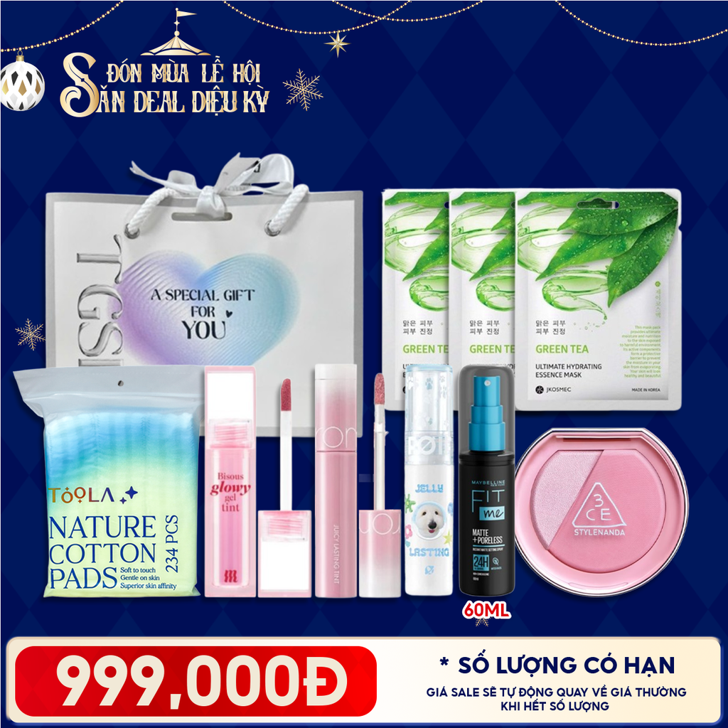 Túi Quà Giáng Sinh 999K: 3 Son Fullsize + 1 Má Hồng 3CE + 1 Xịt Khóa Nền Maybelline + 1 Bông Tẩy Trang 234M + 3 Mặt Nạ + Túi