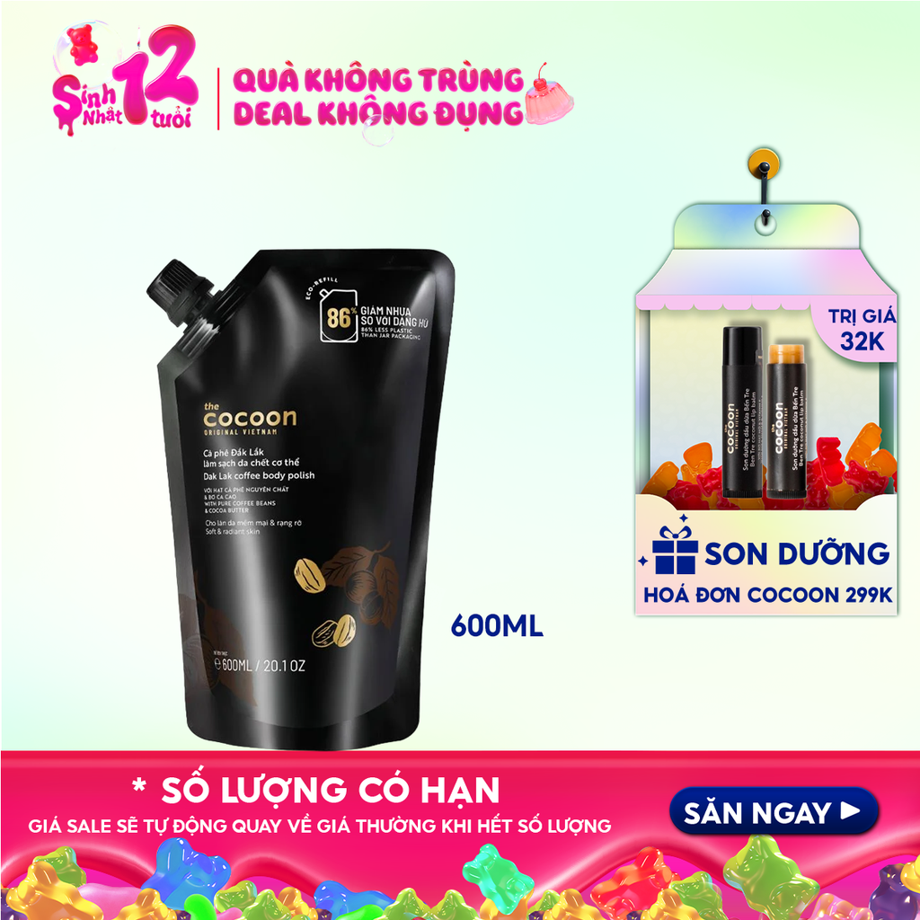[Túi 600ml] Tẩy Da Chết Body Cocoon Làm Đều Màu Da Và Dưỡng Mịn Da Chiết Xuất Cà Phê Dak Lak Coffee Body Polish