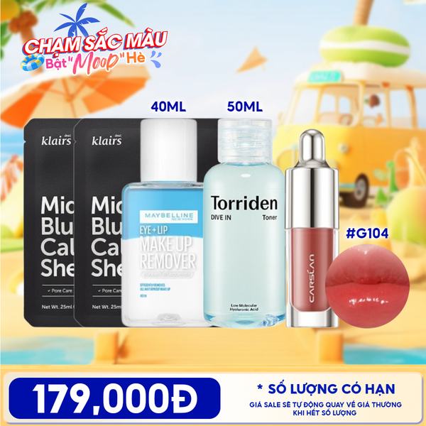 Combo Travel: Son Tint Bóng Mini Carslan Lip Glow Serum + Nước Tẩy Trang Mắt Môi Maybelline Eye & Lip Makeup Remover + Nước Hoa Hồng Cấp Ẩm Phục Hồi Da Torriden Hyaluronic Acid Toner 50ML + Mặt Nạ Làm Dịu Phục Hồi Da Giảm Kích Ứng Klairs Midnight Mask 