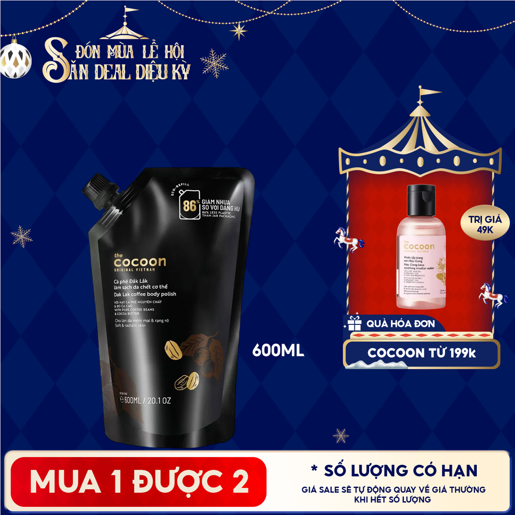[Túi 600ml] Tẩy Da Chết Body Cocoon Làm Đều Màu Da Và Dưỡng Mịn Da Chiết Xuất Cà Phê Dak Lak Coffee Body Polish