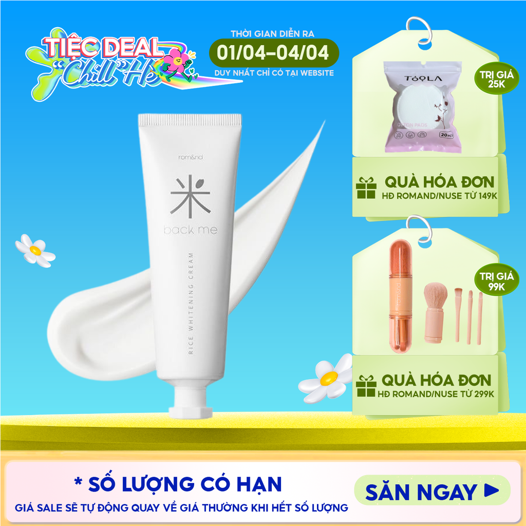 Kem Gạo Dưỡng Ẩm Romand Hỗ Trợ Giảm Tàn Nhang, Làm Sáng Da, Nâng Tông Back Me Rice Whitening Cream 50ml