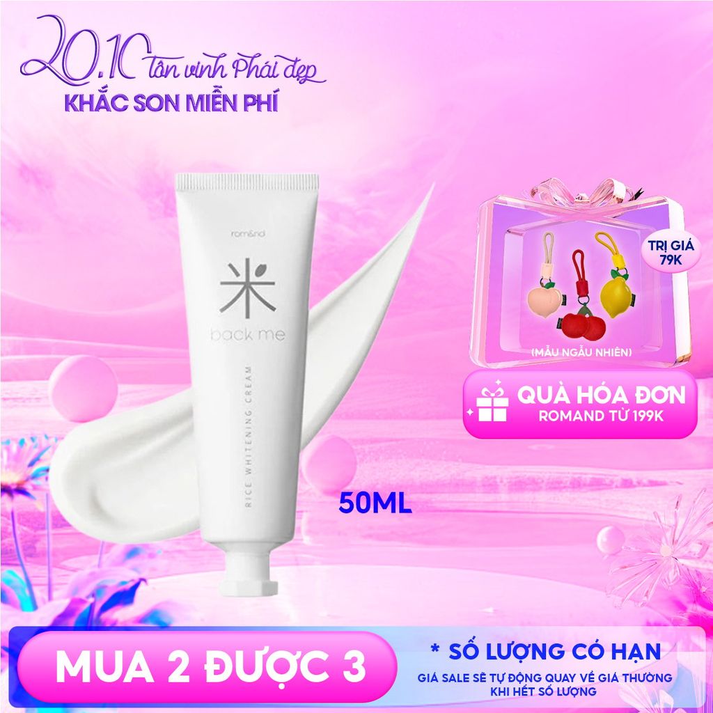 Kem Gạo Dưỡng Ẩm Romand Hỗ Trợ Giảm Tàn Nhang, Làm Sáng Da, Nâng Tông Back Me Rice Whitening Cream 50ml
