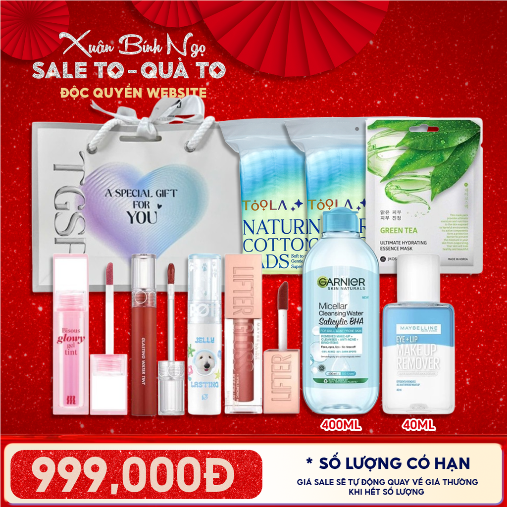 Túi Quà Tặng 999K: 4 Son Fullsize + 1 Nước Tẩy Trang 400ml + 2 Bông Tẩy Trang 234M + 1 Nước Tẩy Trang 40ml + 1 Mặt Nạ + Túi