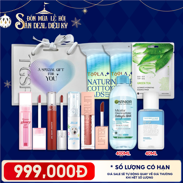  Túi Quà Giáng Sinh 999K: 4 Son Fullsize + 1 Nước Tẩy Trang 400ml + 2 Bông Tẩy Trang 234M + 1 Nước Tẩy Trang 40ml + 1 Mặt Nạ + Túi 