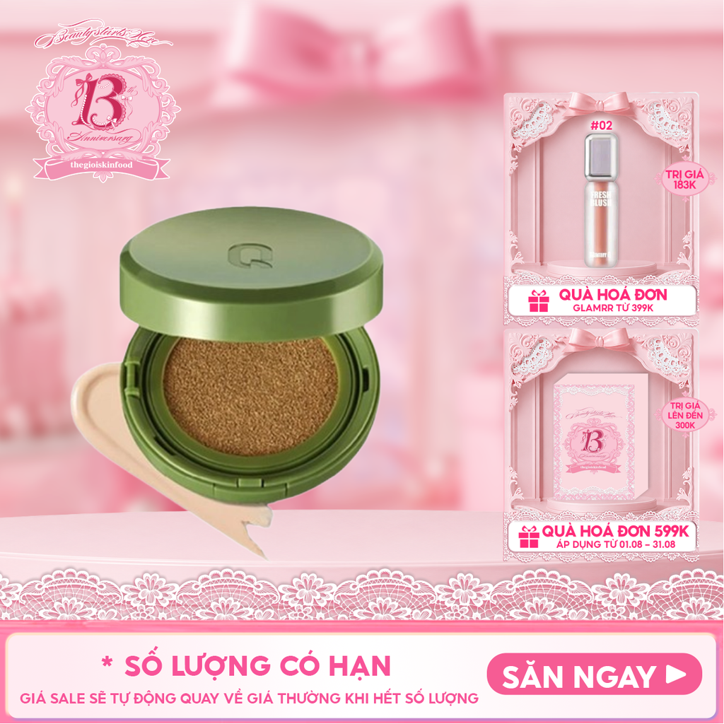 Phấn Nước GLAMRR Q Dưỡng Ẩm Cho Lớp Nền Căng Bóng, Bền Màu, Thuần Chay Vegan Super Glow Cushion SPF50+/PA++++ 15g