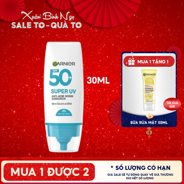  Kem Chống Nắng Phổ Rộng Garnier Kiềm Dầu, Hỗ Trợ Giảm Mụn Super Uv Anti-Acne Serum Sunscreen SPF50+ PA++++ 30ml 