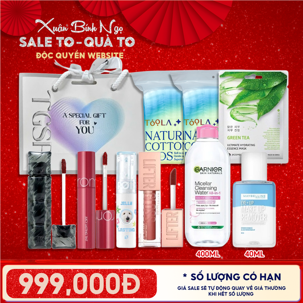  Túi Quà Tặng 999K: 4 Son Fullsize + 1 Nước Tẩy Trang 400ml + 2 Bông Tẩy Trang 234M + 1 Nước Tẩy Trang 40ml + 1 Mặt Nạ + Túi 