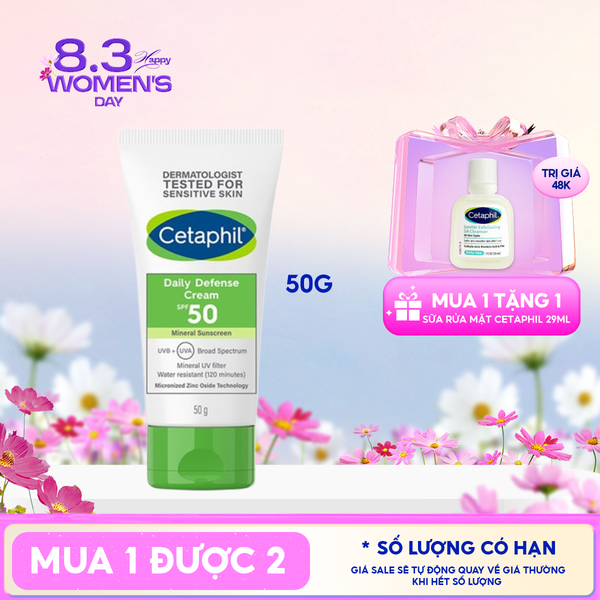  Kem Chống Nắng Cetaphil Dưỡng Ẩm 2in1 Cho Da Thiên Dầu, Nhạy Cảm Daily Defense Cream SPF50 UVB+UVA 50g 