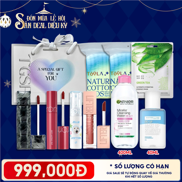  Túi Quà Giáng Sinh 999K: 4 Son Fullsize + 1 Nước Tẩy Trang 400ml + 2 Bông Tẩy Trang 234M + 1 Nước Tẩy Trang 40ml + 1 Mặt Nạ + Túi 