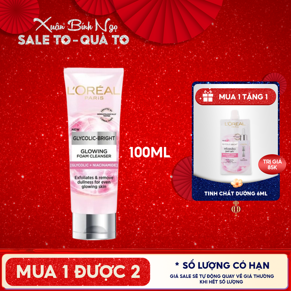  Sữa Rửa Mặt L'oreal Hỗ Trợ Làm Sáng Da Glycolic-Bright Glowing Daily Cleanser Foam 100ml 