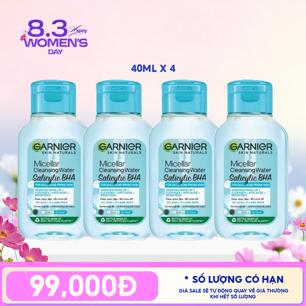  COMBO 4 Nước Tẩy Trang Da Dầu Mụn Nắp Xanh Garnier Micellar Cleansing Water 50ml 