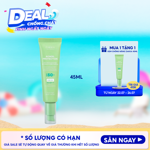  Kem Chống Nắng Zakka Naturals Phổ Rộng Kiềm Dầu Acnoil Protection Airy Velvet Sunscreen Oil Control & PM2.5 Defense 45ml 