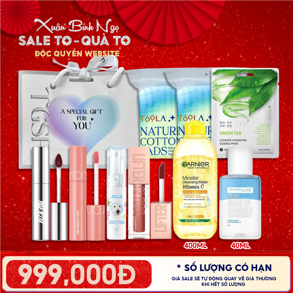 Túi Quà Tặng 999K: 4 Son Fullsize + 1 Nước Tẩy Trang 400ml + 2 Bông Tẩy Trang 234M + 1 Nước Tẩy Trang 40ml + 1 Mặt Nạ + Túi
