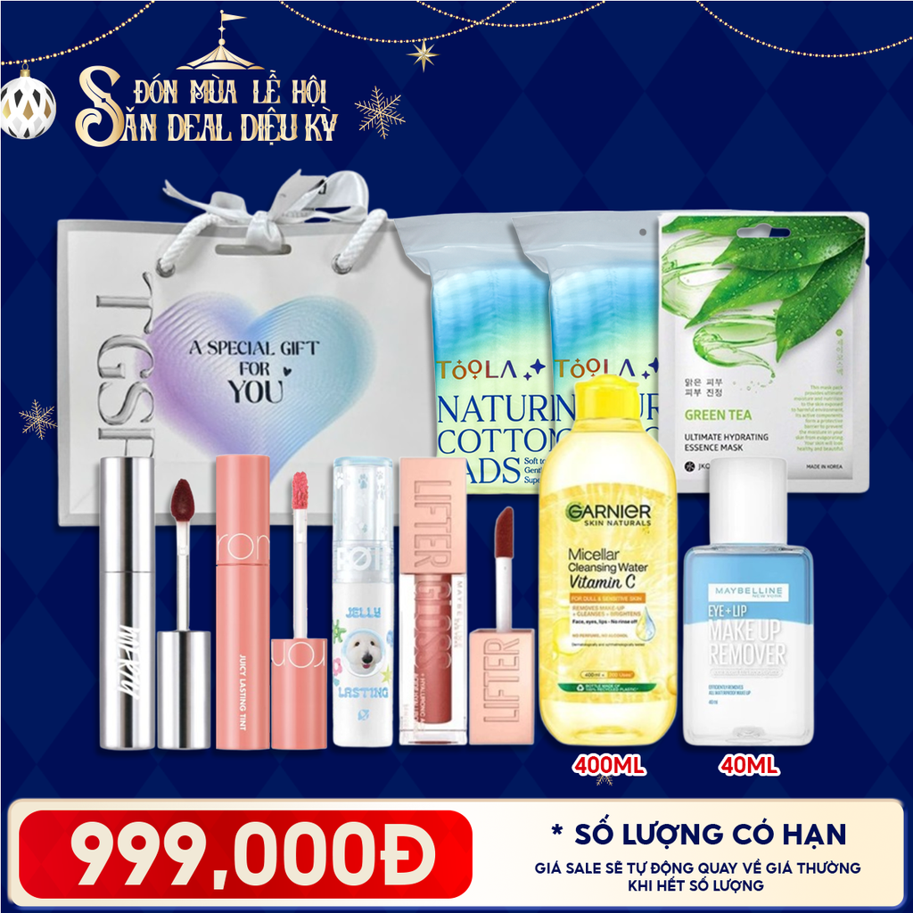 Túi Quà Giáng Sinh 999K: 4 Son Fullsize + 1 Nước Tẩy Trang 400ml + 2 Bông Tẩy Trang 234M + 1 Nước Tẩy Trang 40ml + 1 Mặt Nạ + Túi