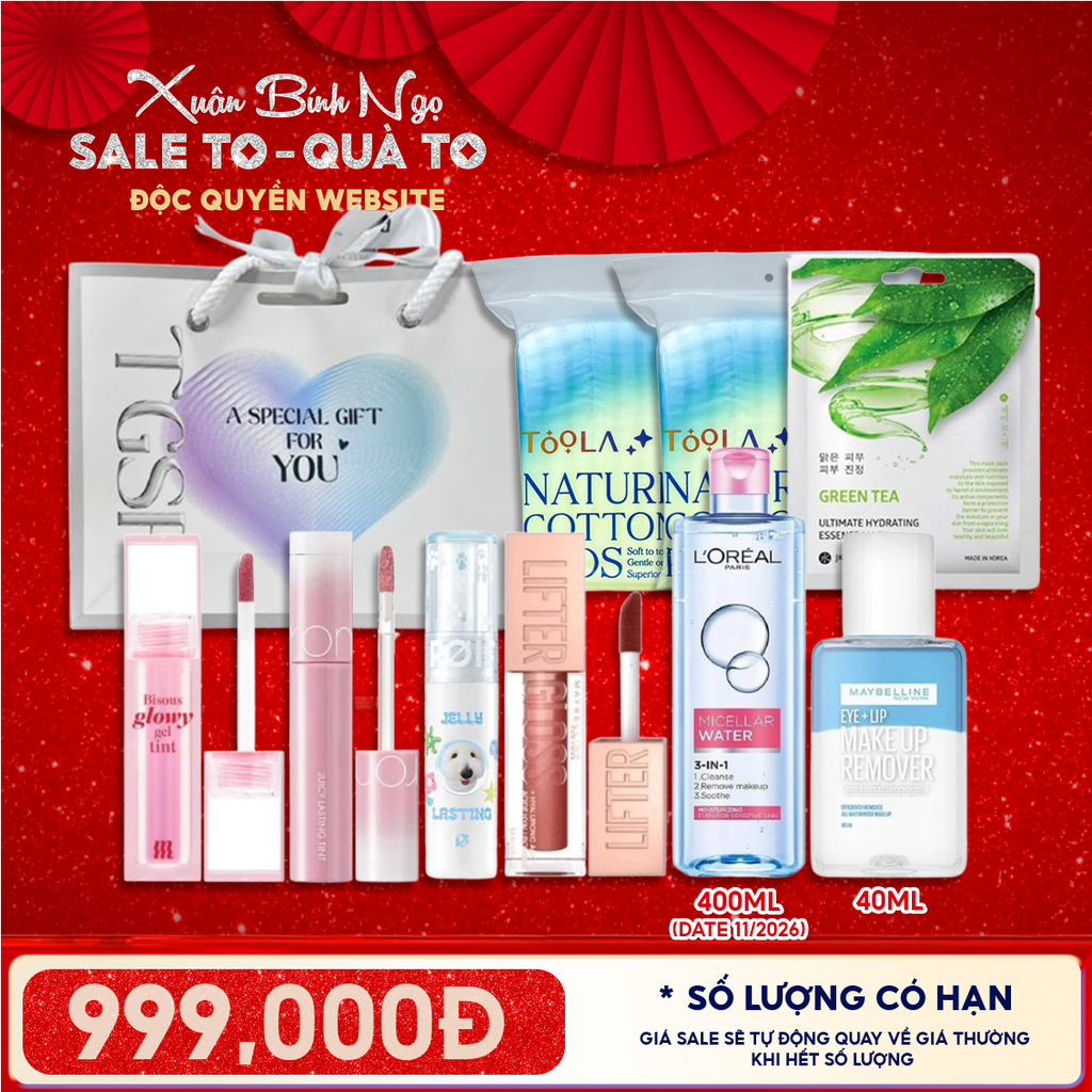 Túi Quà Tặng 999K: 4 Son Fullsize + 1 Nước Tẩy Trang 400ml + 2 Bông Tẩy Trang 234M + 1 Nước Tẩy Trang 40ml + 1 Mặt Nạ + Túi