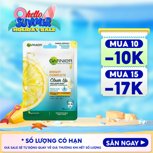  Mặt Nạ Garnier Giảm Mụn, Hỗ Trợ Sáng Da Bright Complete Clear Up Anti-Acne Serum Mask 23g 