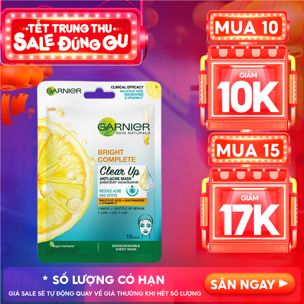 Mặt Nạ Garnier Giảm Mụn, Hỗ Trợ Sáng Da Bright Complete Clear Up Anti-Acne Serum Mask 23g