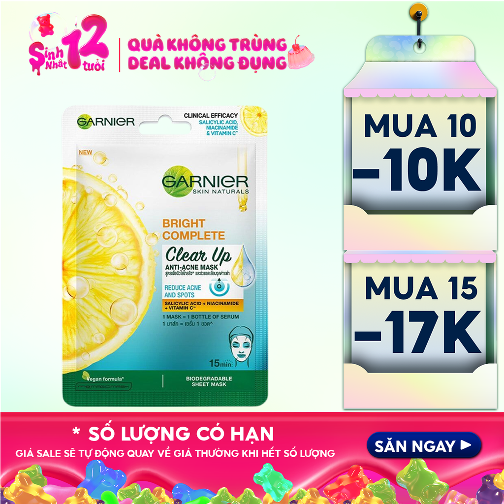 Mặt Nạ Garnier Giảm Mụn, Hỗ Trợ Sáng Da Bright Complete Clear Up Anti-Acne Serum Mask 23g
