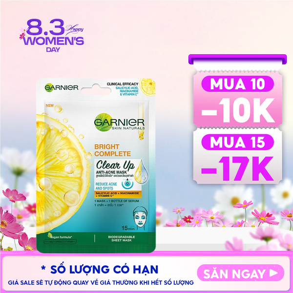  Mặt Nạ Garnier Giảm Mụn, Hỗ Trợ Sáng Da Bright Complete Clear Up Anti-Acne Serum Mask 23g 
