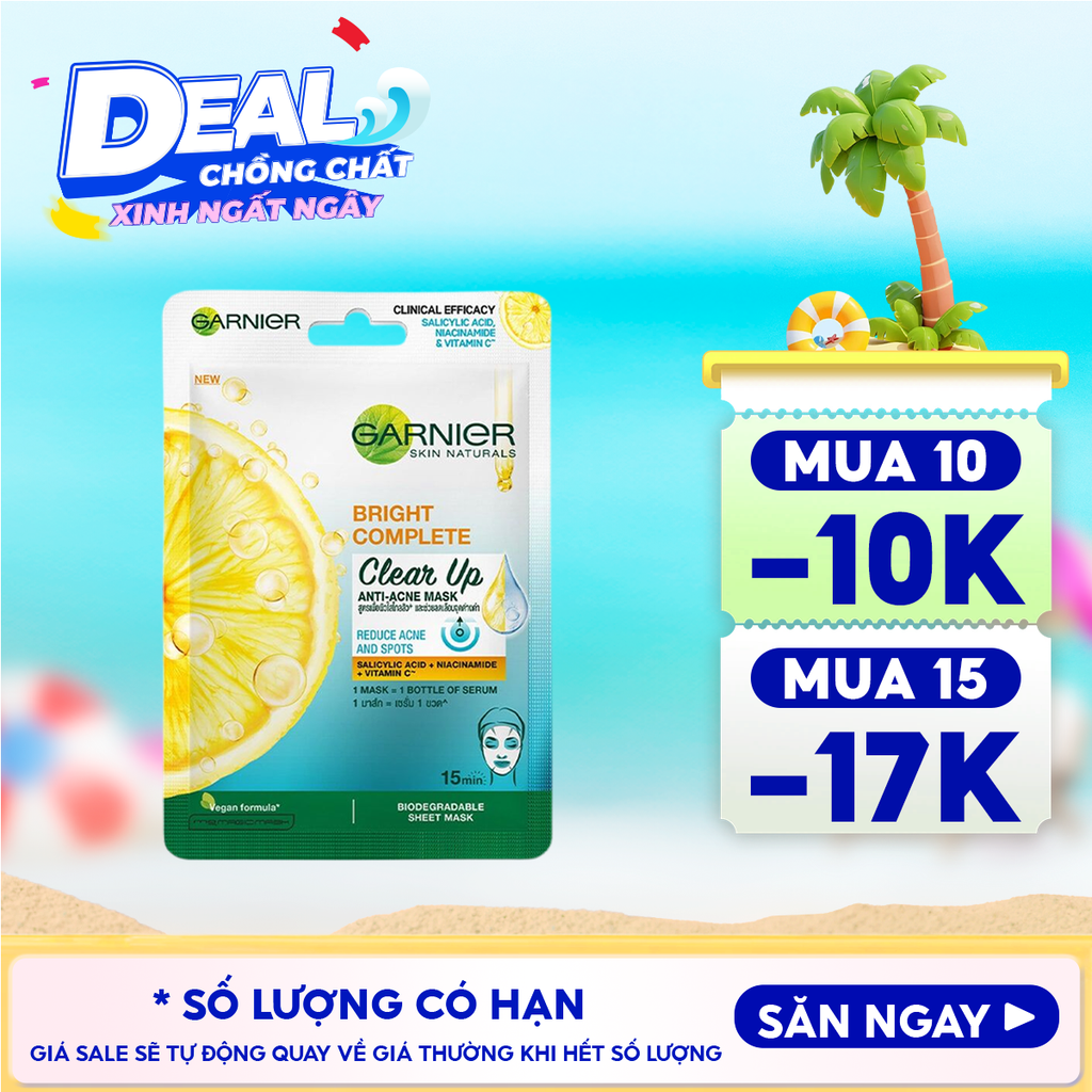 Mặt Nạ Garnier Giảm Mụn, Hỗ Trợ Sáng Da Bright Complete Clear Up Anti-Acne Serum Mask 23g