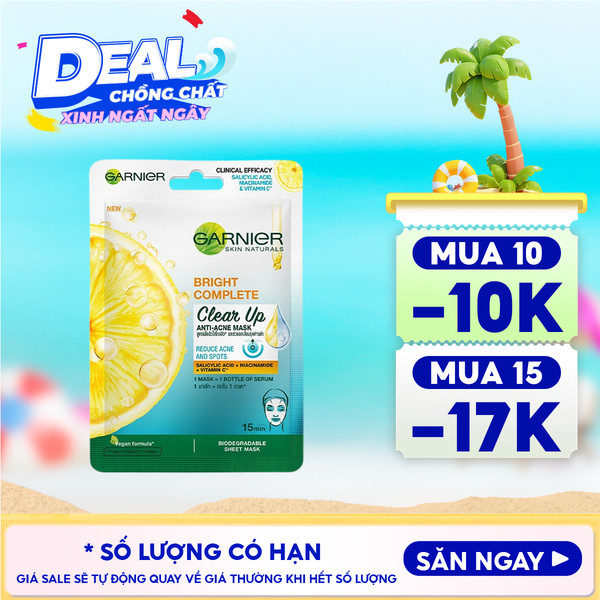  Mặt Nạ Garnier Giảm Mụn, Hỗ Trợ Sáng Da Bright Complete Clear Up Anti-Acne Serum Mask 23g 