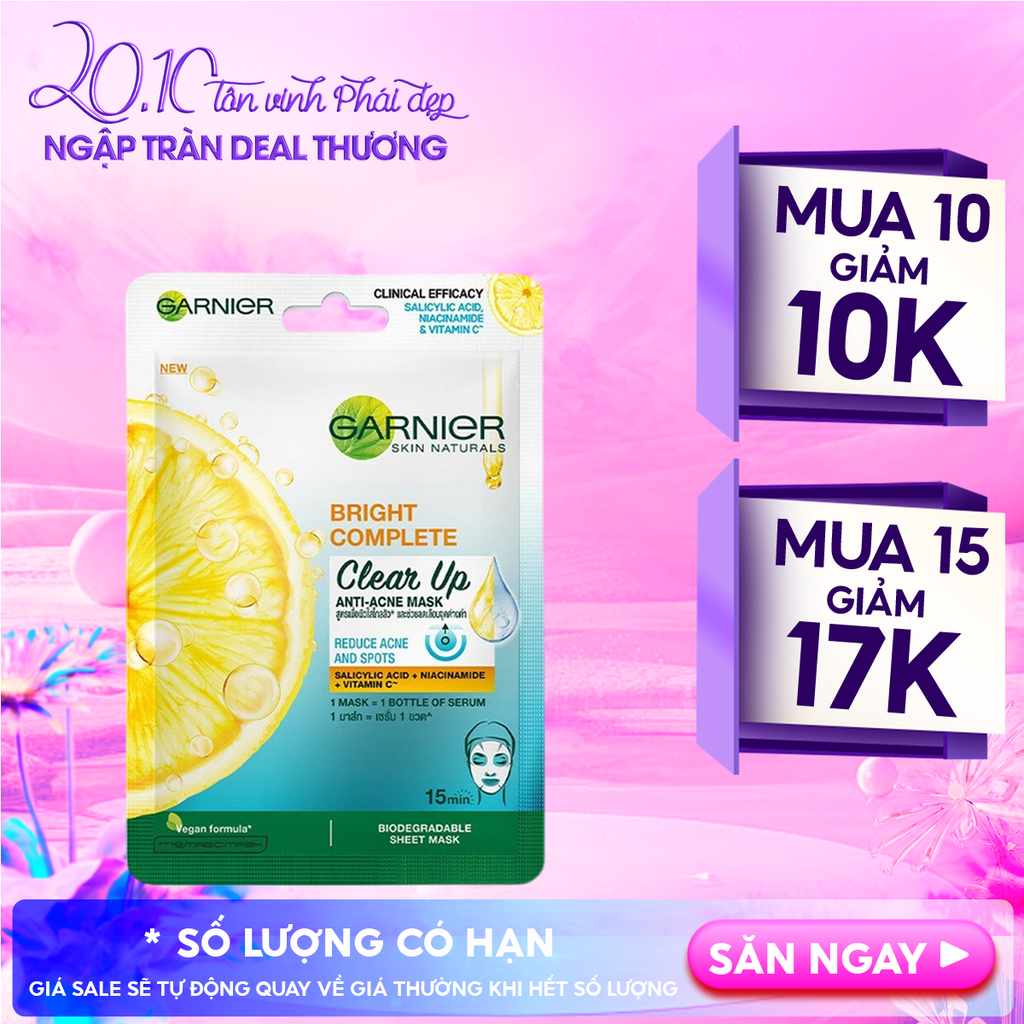 Mặt Nạ Garnier Giảm Mụn, Hỗ Trợ Sáng Da Bright Complete Clear Up Anti-Acne Serum Mask 23g