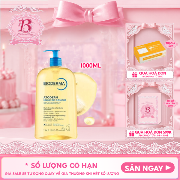  Dầu Tắm Bioderma Làm Sạch, Làm Dịu Cho Da Khô, Nhạy Cảm Atoderm Huile De Douche 1000ml 