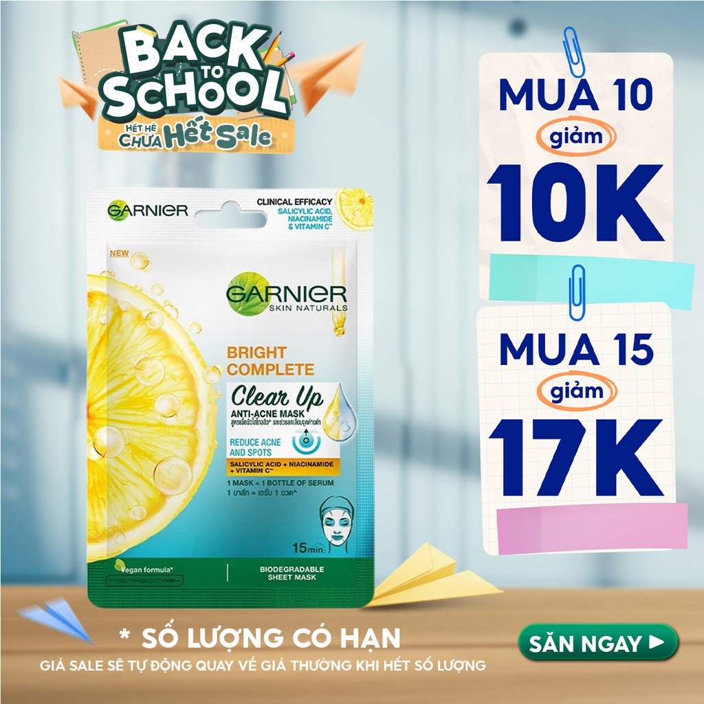 Mặt Nạ Garnier Giảm Mụn, Hỗ Trợ Sáng Da Bright Complete Clear Up Anti-Acne Serum Mask 23g