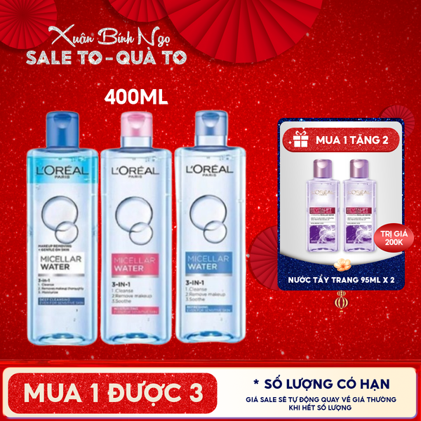  Nước Tẩy Trang L'Oreal Làm Sạch Tươi Mát, Dưỡng Ẩm Cho Da 3-in-1 Micellar Water 