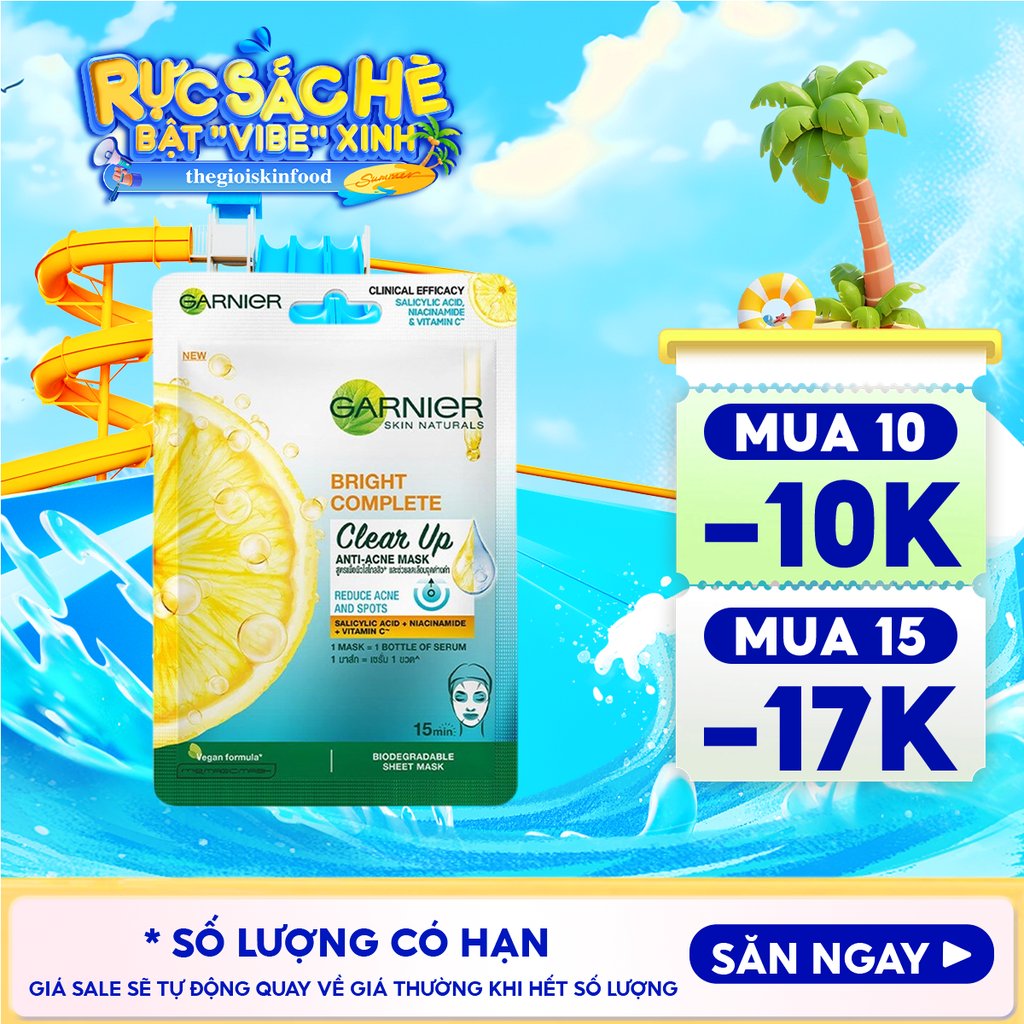 Mặt Nạ Garnier Giảm Mụn, Hỗ Trợ Sáng Da Bright Complete Clear Up Anti-Acne Serum Mask 23g