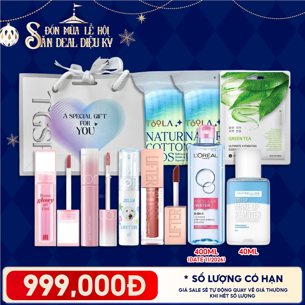 Túi Quà Giáng Sinh 999K: 4 Son Fullsize + 1 Nước Tẩy Trang 400ml + 2 Bông Tẩy Trang 234M + 1 Nước Tẩy Trang 40ml + 1 Mặt Nạ + Túi