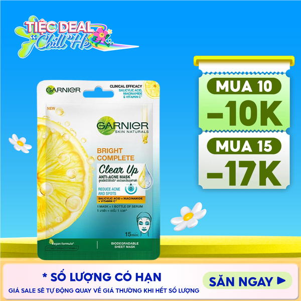  Mặt Nạ Garnier Giảm Mụn, Hỗ Trợ Sáng Da Bright Complete Clear Up Anti-Acne Serum Mask 23g 