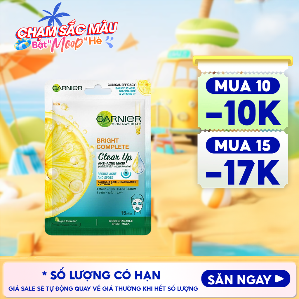 Mặt Nạ Garnier Giảm Mụn, Hỗ Trợ Sáng Da Bright Complete Clear Up Anti-Acne Serum Mask 23g