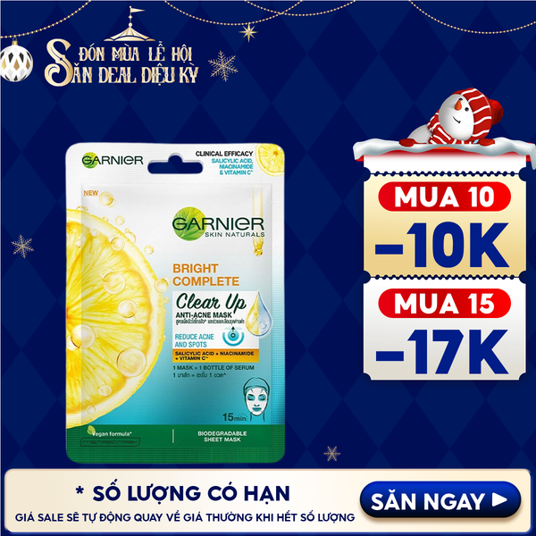  Mặt Nạ Garnier Giảm Mụn, Hỗ Trợ Sáng Da Bright Complete Clear Up Anti-Acne Serum Mask 23g 