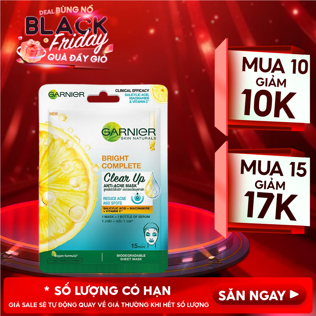 Mặt Nạ Garnier Giảm Mụn, Hỗ Trợ Sáng Da Bright Complete Clear Up Anti-Acne Serum Mask 23g