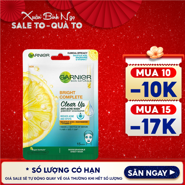  Mặt Nạ Garnier Giảm Mụn, Hỗ Trợ Sáng Da Bright Complete Clear Up Anti-Acne Serum Mask 23g 