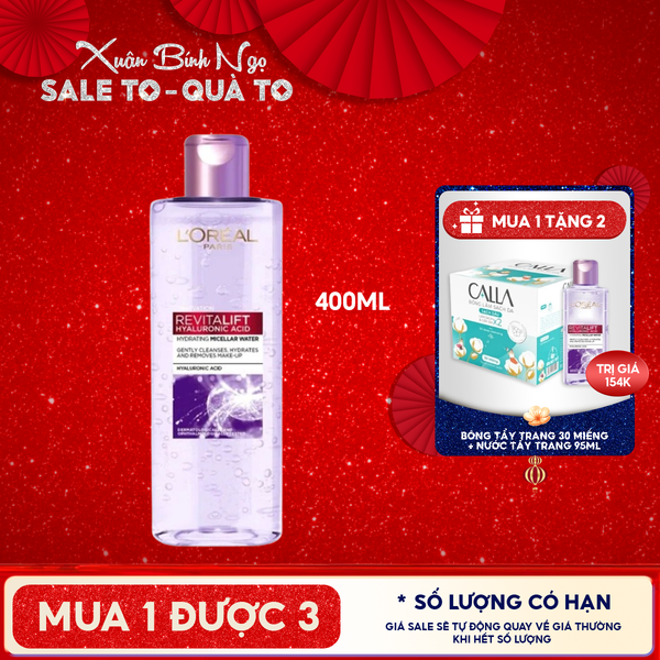  Nước Tẩy Trang L'oreal Làm Sạch, Cấp Ẩm Revitalift Hyaluronic Acid Hydrating Micellar Water 