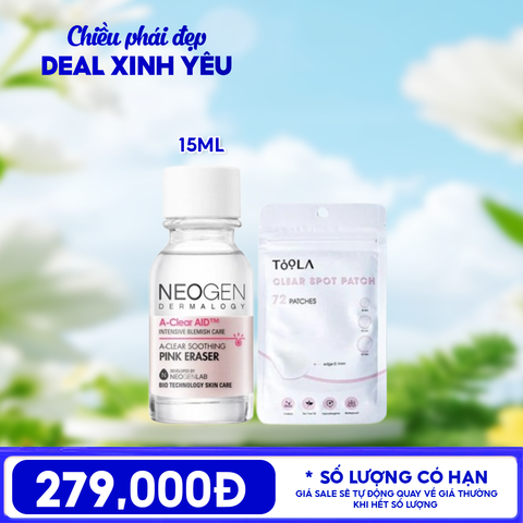 Combo 20/10: Dung Dịch Chấm Mụn Neogen  Dermalogy A-Clear Soothing Pink Eraser 15ml + Miếng Dán Mụn TOOLA Clear Spot Patch