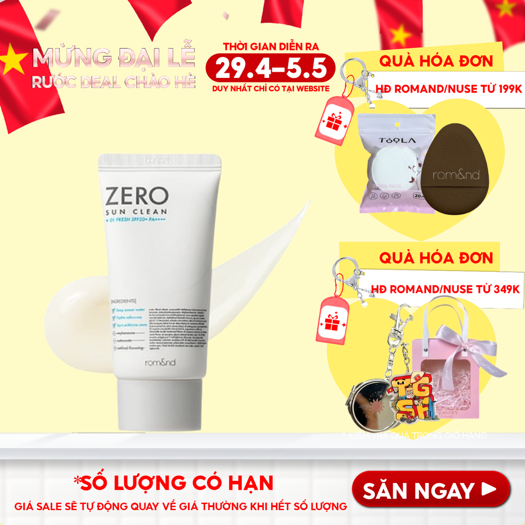Kem Chống Nắng Romand Kiêm Kem Lót Bảo Vệ Da Hiệu Quả Zero Sun Clean SPF50+/PA++++ 50g