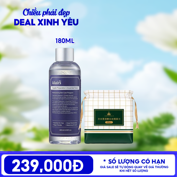  Combo 20/10: Nước Hoa Hồng Klairs Supple Preparation Unscented Toner 180ml + Bông Tẩy Trang Amortals Lotion Stretchable Cosmetic Cotton Pads 