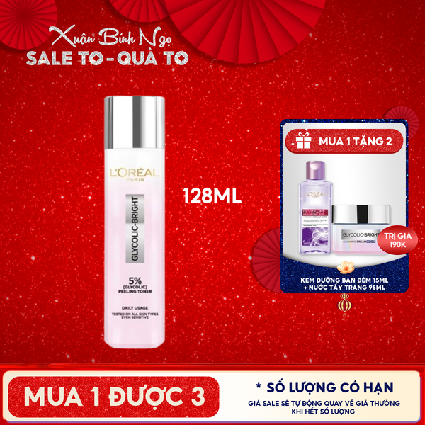  Nước Dưỡng L'oreal Hỗ Trợ Làm Sáng Da Glycolic - Bright Glowing Peeling Toner 128ml 