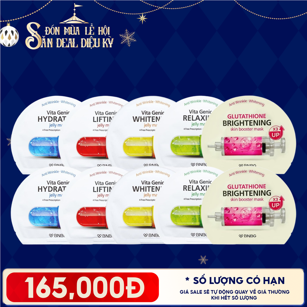 Combo BNBG 10 Mask: Mặt Nạ Miếng Vita Genic Vitamin B (2 miếng) + Vitamin E (2 miếng) + Vitamin A (2 miếng) + Vitamin B3 (2 miếng) + Glutathione Brightening (2 miếng)